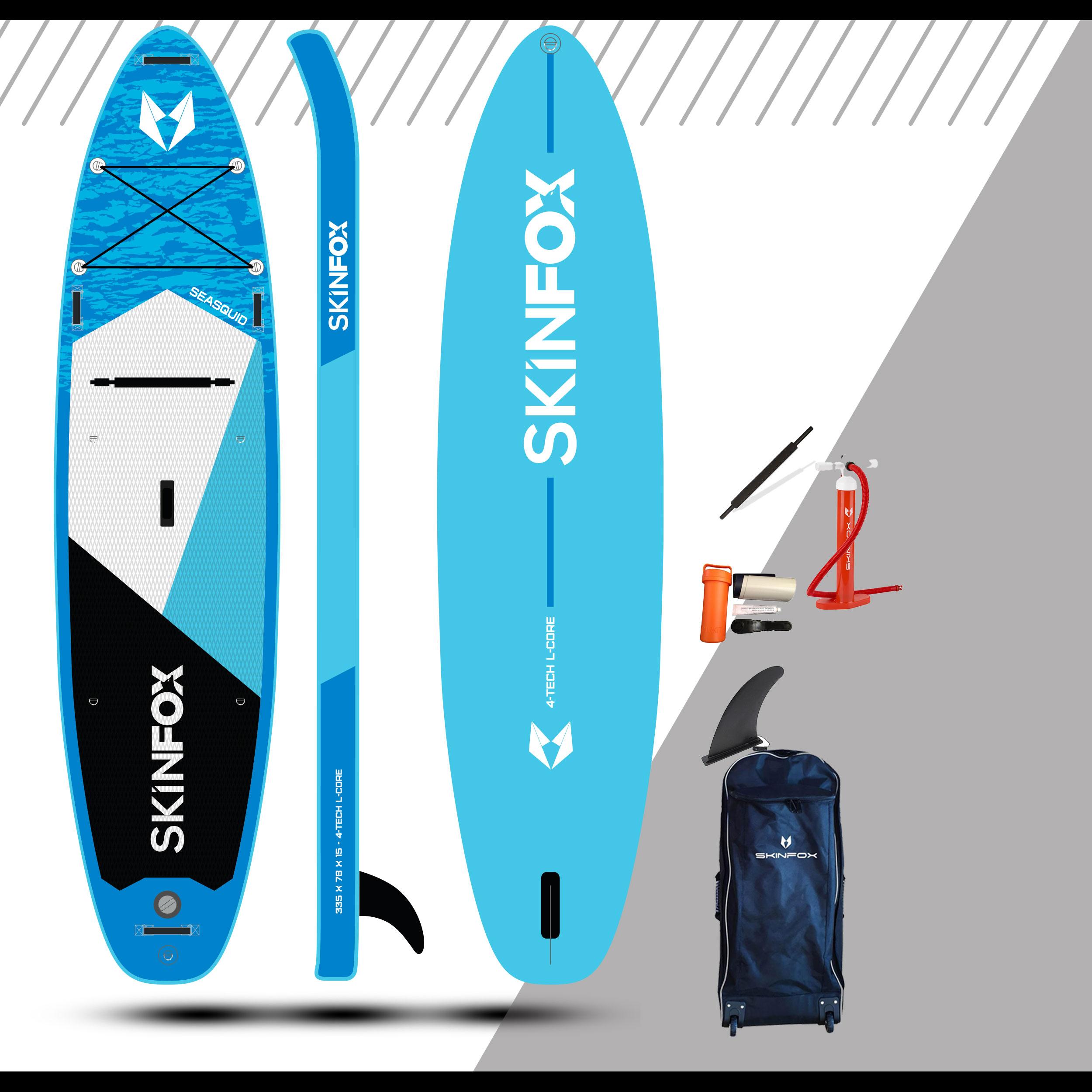 ✓Standup Paddleboard ✓Nur 9 PSI Luftdruck ✓Kajakoption ✓Einzeln oder im SET  ✓ab Lager lieferbar ✓Top BeratungSKINFOX SEASQUID CARBON-SET (335x78x15)  4-TECH L-CORE SUP Paddelboard hellblau von HERSTELLER Skinfox -  Familienunternehmen aus Bayern für